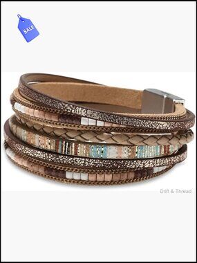 Leather Wrap Bracelet, Boho Beaded Cuff Jewelry, Multilayer